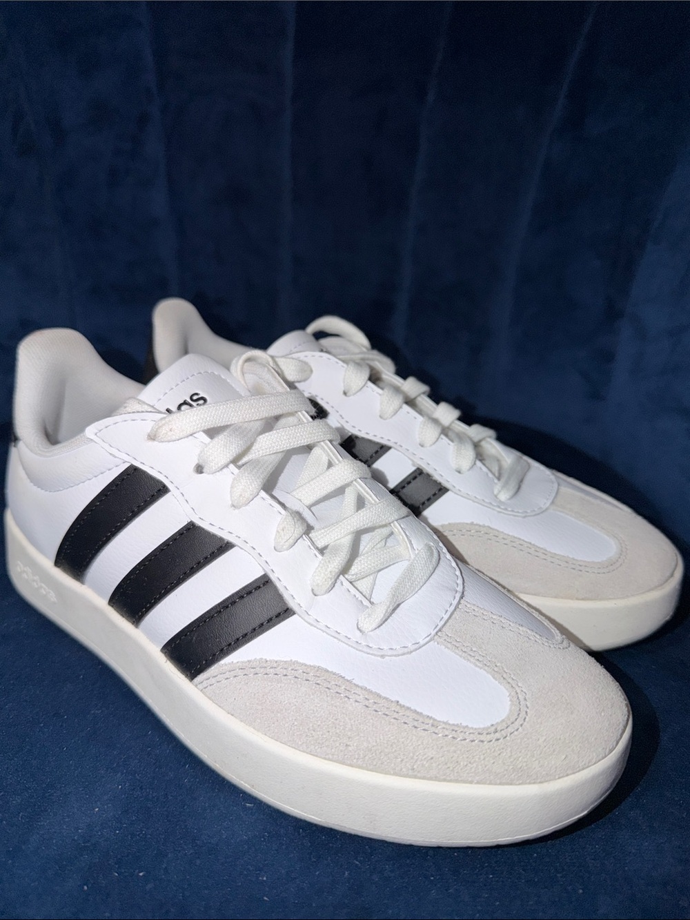adidas Women’s White Sneakers with Black Stripes and Suede Accents Size 7